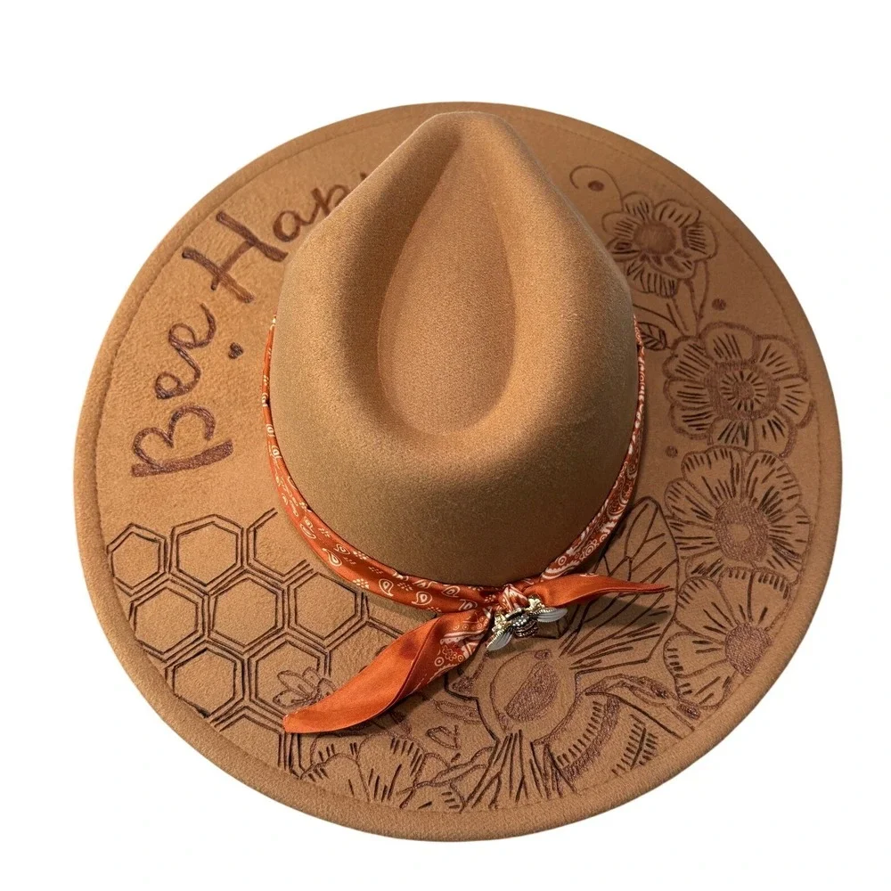 Handcrafted Tan Custom‎ Wood Burned Floral Bee Wide Brim Fedora Boho Western Hat